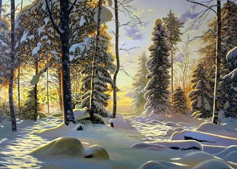 Snow-covered Forest — White, Serene, Sunset, Painting