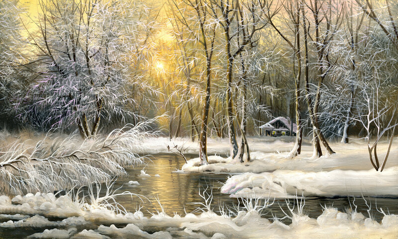 Snow-covered Forest — White, Serene, Winter, Painting, River, Cabin