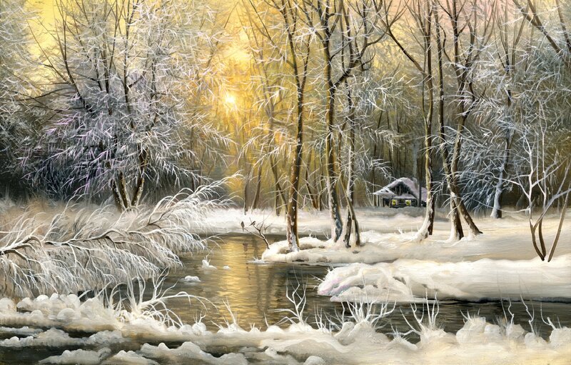 Snow-covered Forest — White, Serene, Winter, Painting, River