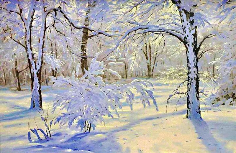 Snow-covered Forest — White, Serene, Winter, Painting, Trees, Bushes