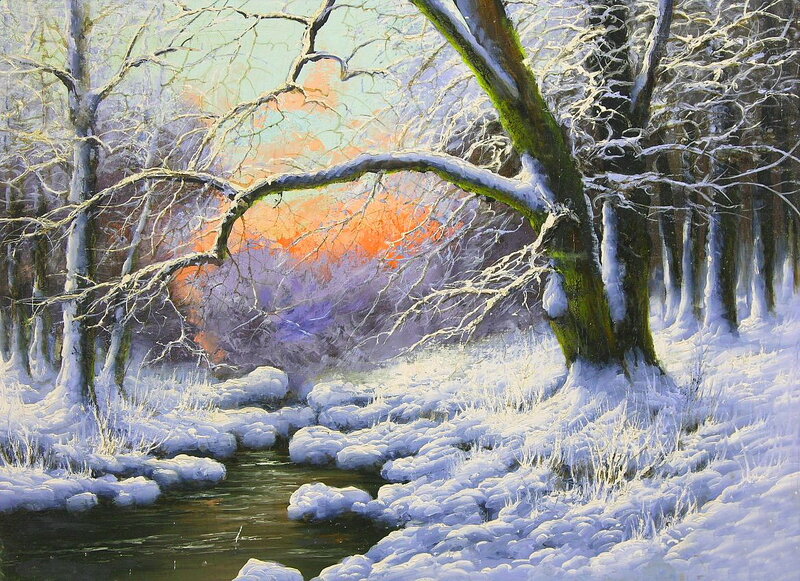 Snow-covered Forest — White, Serene, Winter, Painting, Trees, River, Snow