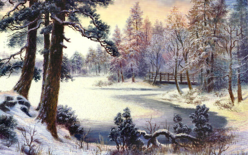 Snow-covered Forest — White, Serene, Winter, Painting, Trees, River