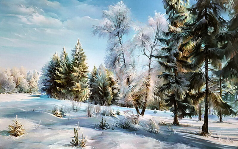 Snow-covered Forest — White, Serene, Winter, Painting, Trees, Snow