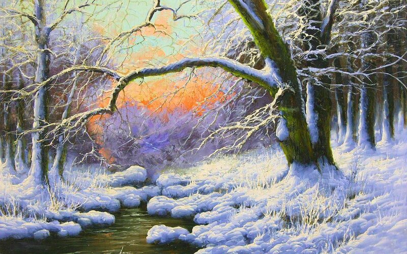 Snow-covered Forest — White, Serene, Winter, Painting, Trees, Stream