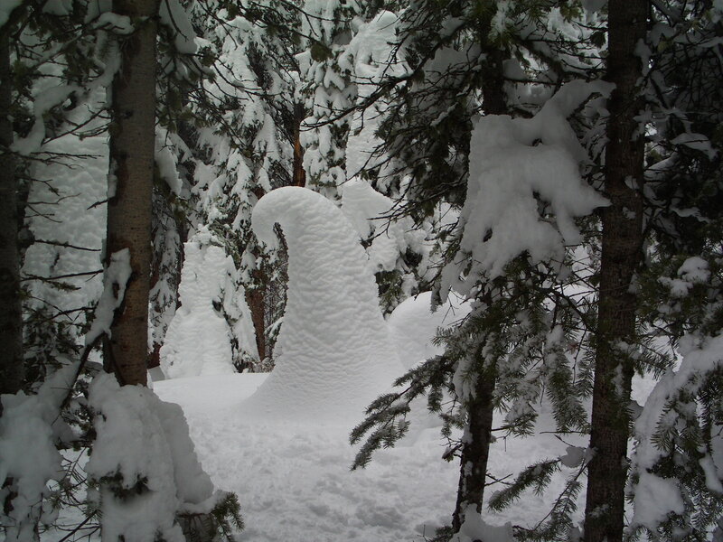 Snow-covered forest with snow sculpture