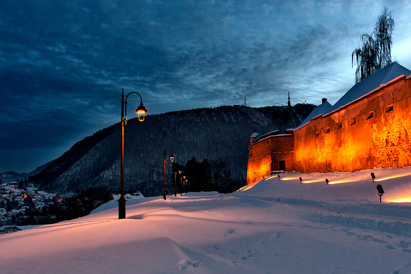 Snow-covered Fortress at Night