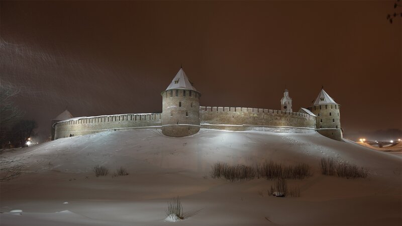 Snow-covered Fortress at Night — White