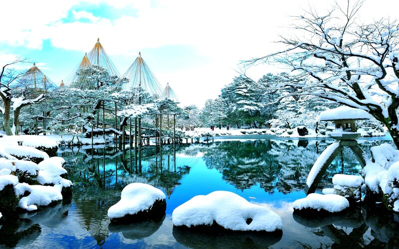 Snow-covered Garden Pond — Blue