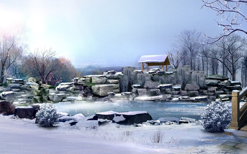 Snow-covered Garden Pond — White, Serene, Winter, Digital Art