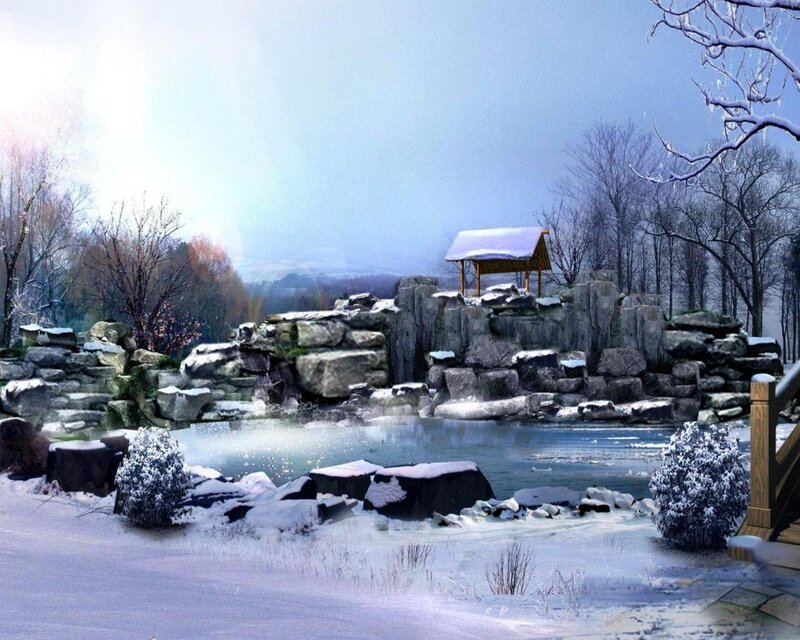 Snow-covered Garden Pond — White, Serene, Winter