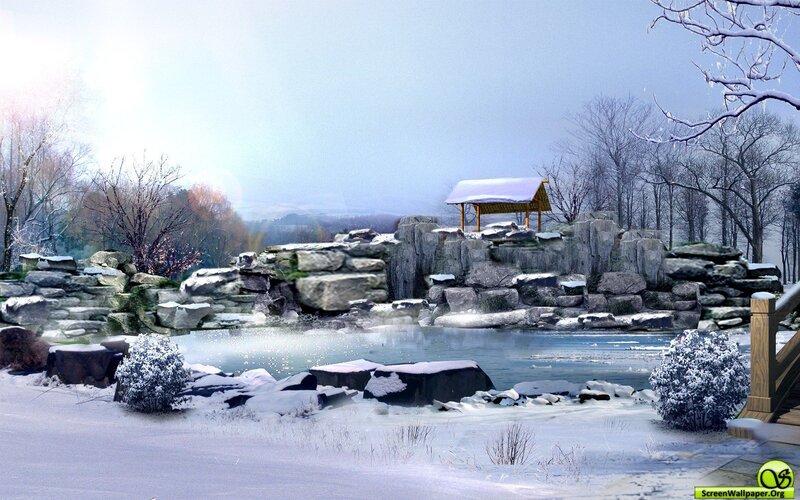 Snow-covered Garden Pond — White