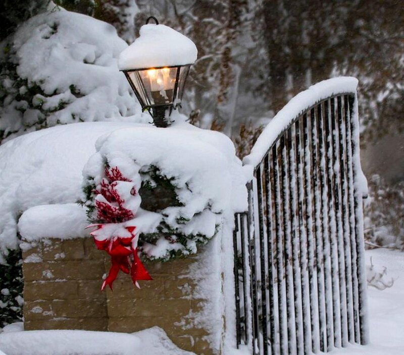 Snow-covered Gate and Lamp