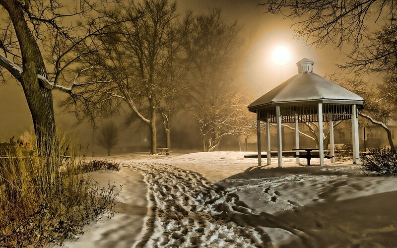 Snow-covered Gazebo at Night