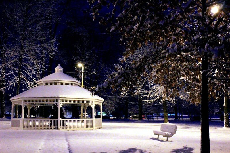 Snow-covered Gazebo — White, Serene, Night