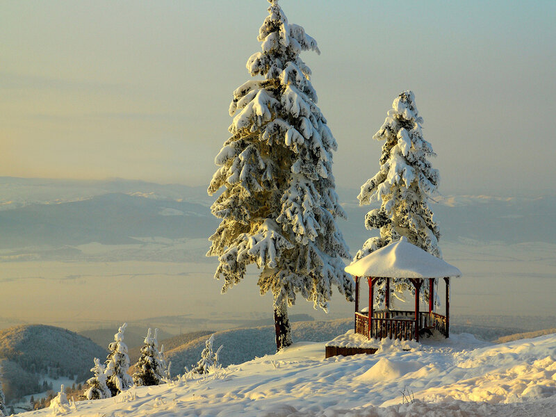 Snow-covered Gazebo — White, Serene