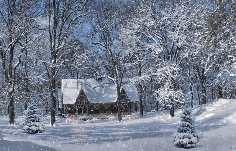 Snow-covered Gazebo — White, Serene, Winter, Photograph, Trees