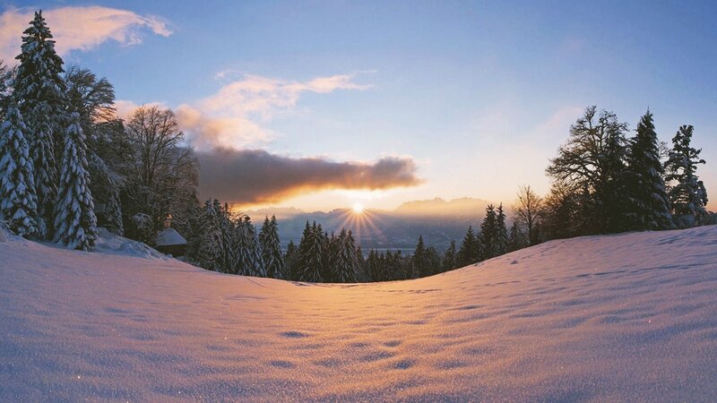 Snow-covered Hill at Sunrise — Blue, Serene