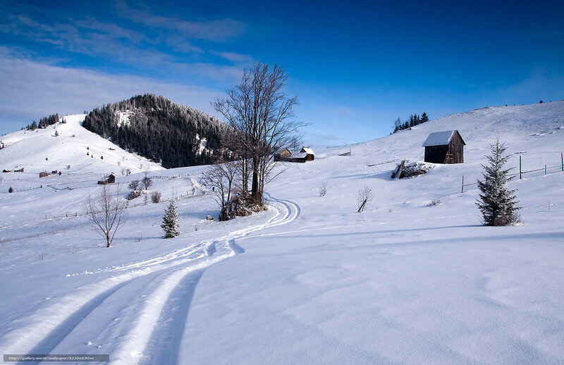 Snow-covered Hills and Cabins