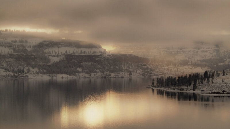 Snow-covered Hills and Lake — Brown, Serene, Winter, Photograph