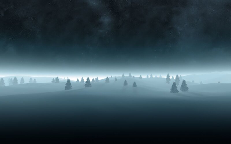 Snow-covered Hills at Night — Blue, Serene, Digital Art, Trees, Fog, Sky