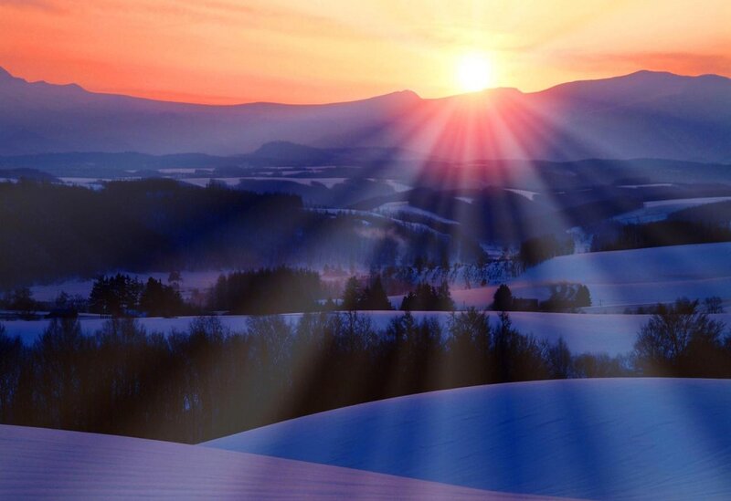 Snow-covered Hills at Sunrise — Orange, Serene