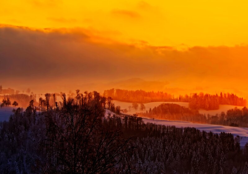 Snow-covered Hills at Sunset — Orange, Dramatic, Winter