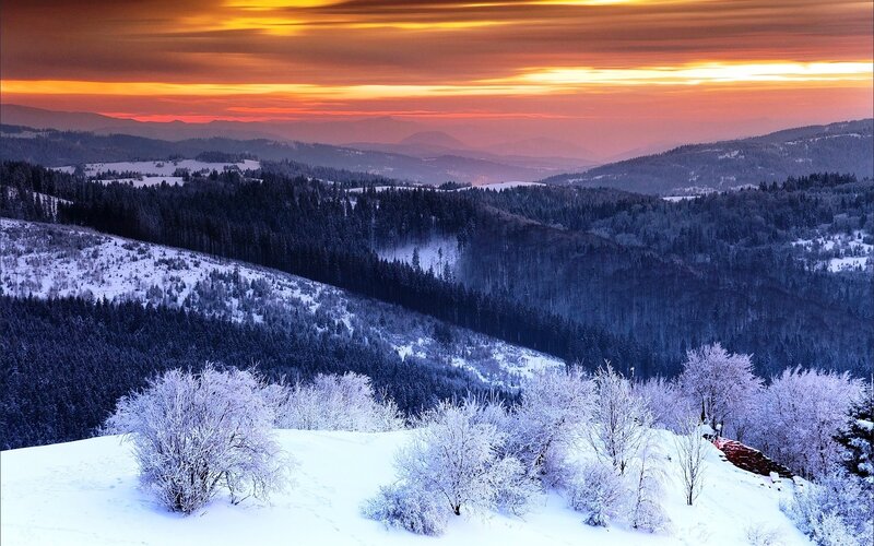 Snow-covered Hills at Sunset — White, Serene
