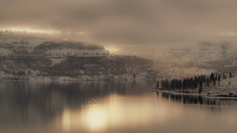 Snow-covered Hills by Lake — Brown