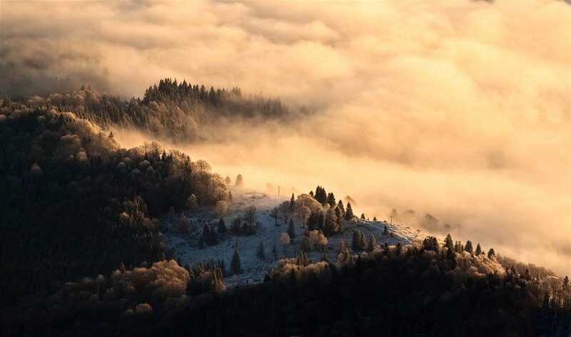 Snow-covered Hills in Fog