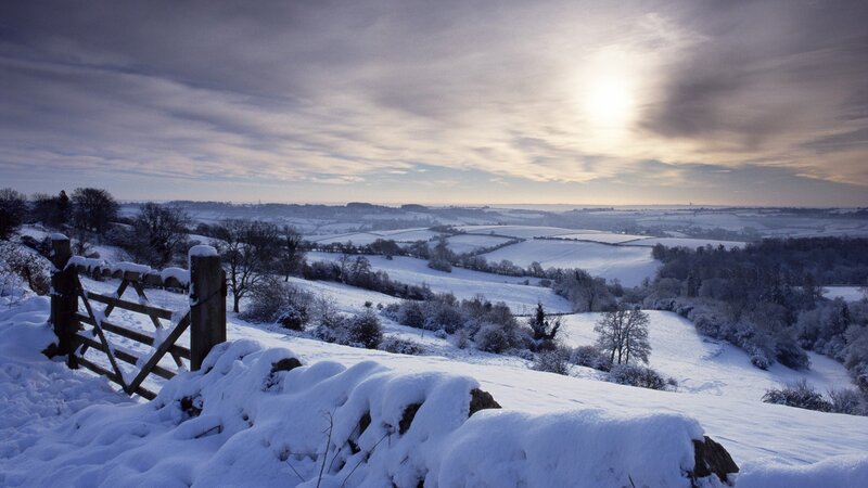 Snow-covered Hills Landscape — White, Serene, Winter, Photograph, Fence