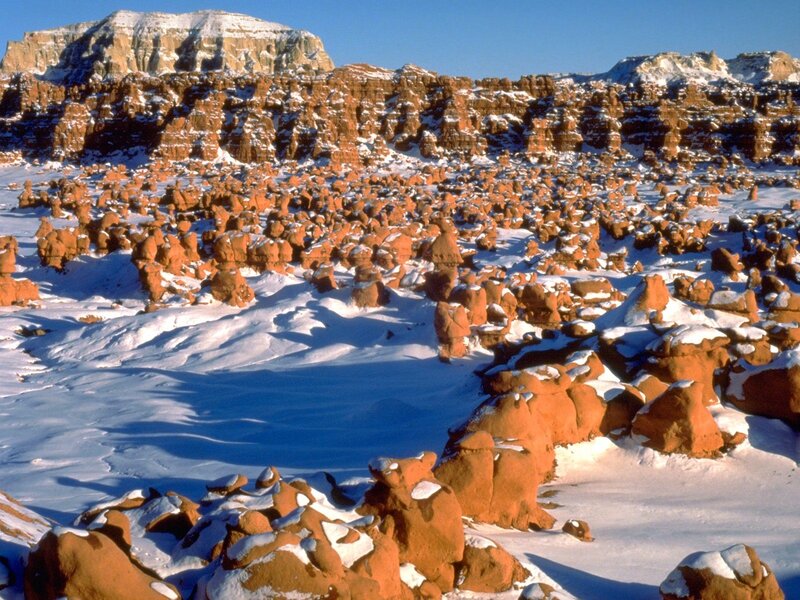 Snow-covered hoodoos in Utah