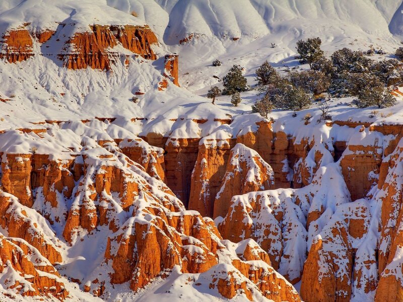 Snow-covered Hoodoos — Orange, Dramatic