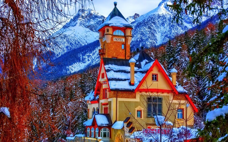 Snow-covered Hotel in Mountains