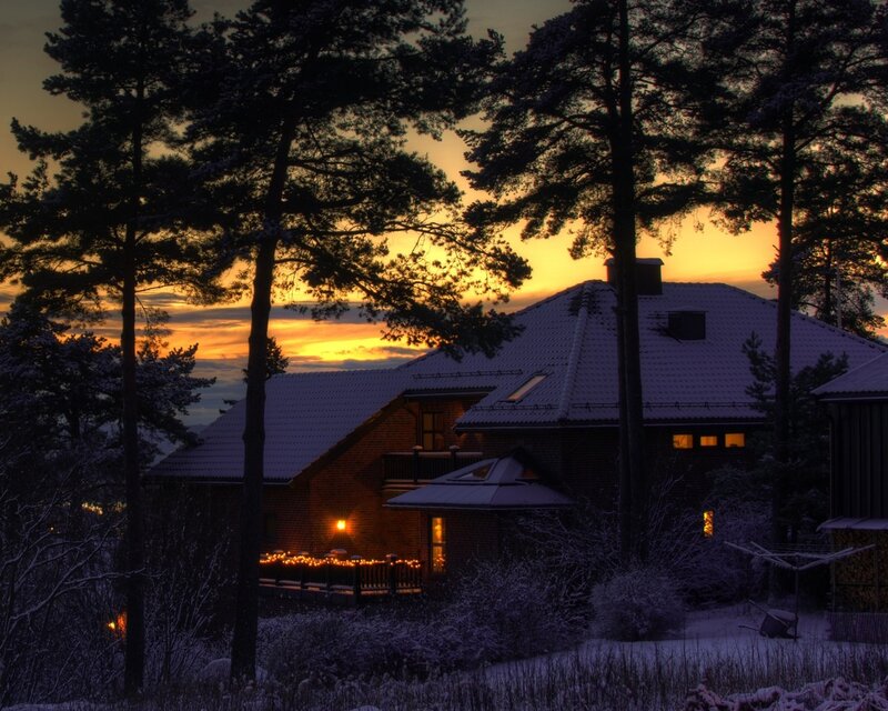 Snow-covered House at Dusk — Orange, Serene