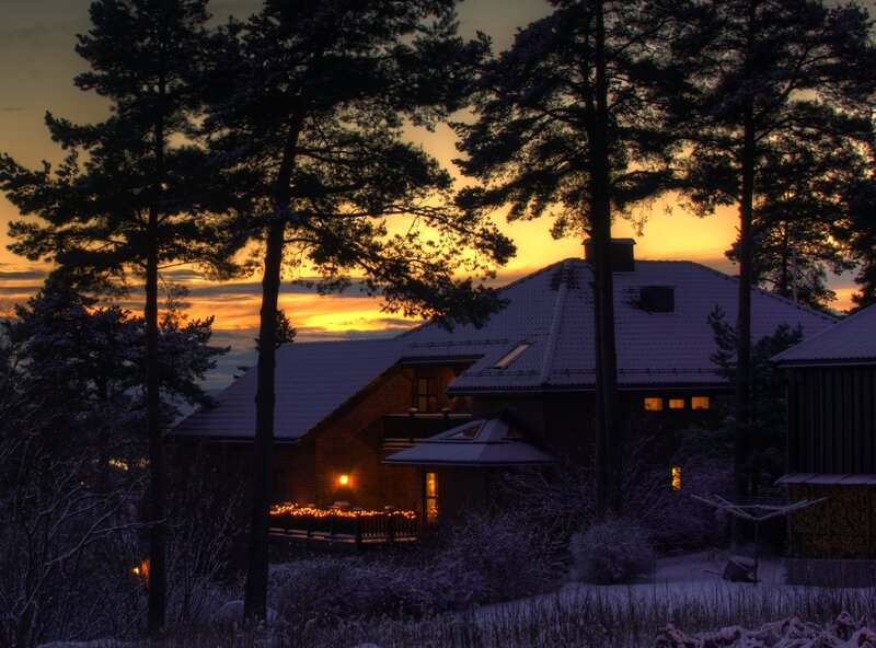Snow-covered House at Dusk — Orange