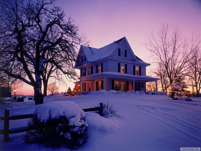 Snow-covered House at Dusk — Purple