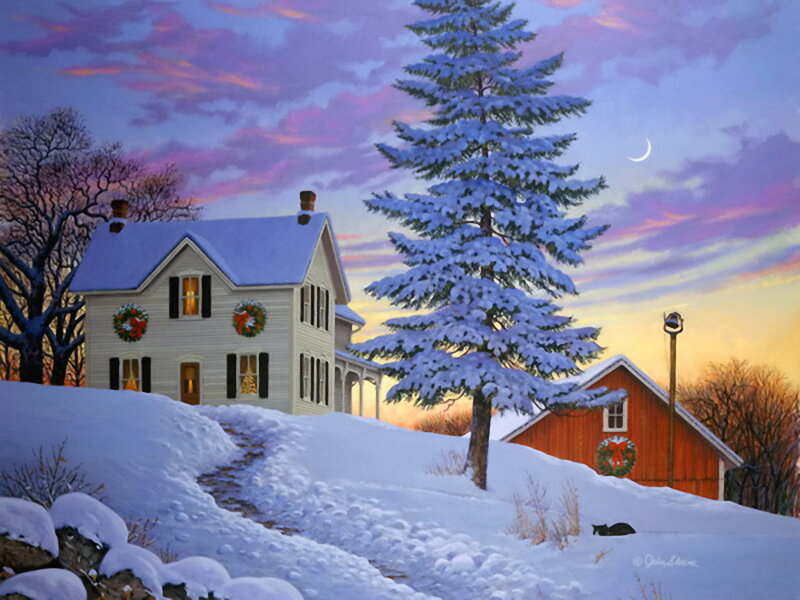 Snow-covered House at Dusk — White