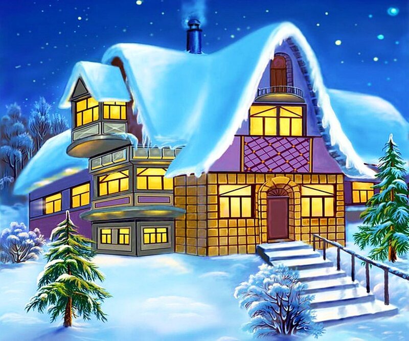 Snow-covered House at Night — Blue, Cozy, Digital Art