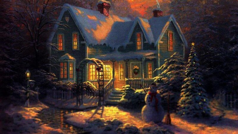 Snow-covered House at Night — Blue, Cozy, Painting, Snowman