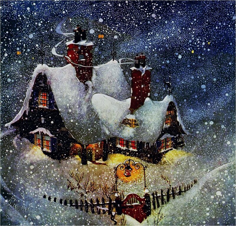 Snow-covered House at Night — Blue, Cozy