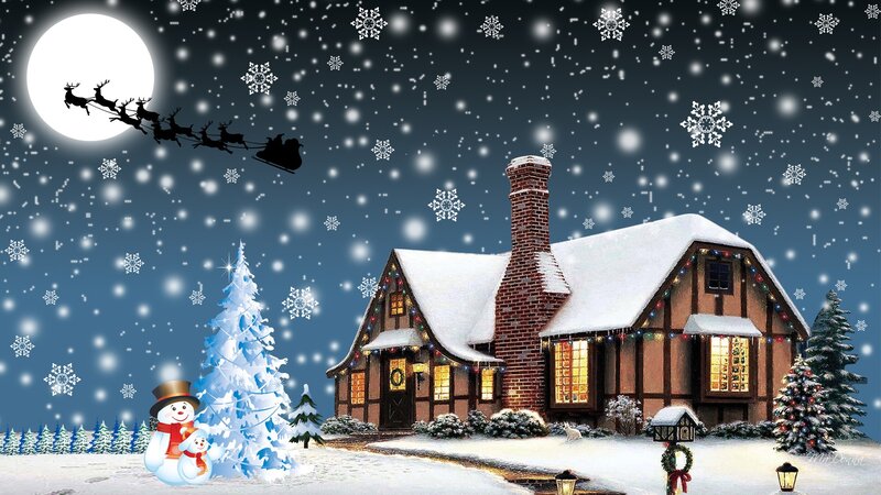 Snow-covered House at Night — Blue, Festive, Digital Art