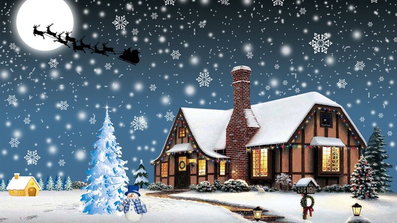 Snow-covered House at Night — Blue, Festive
