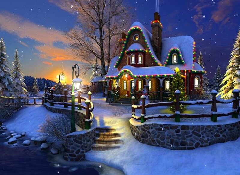 Snow-covered House at Night — Blue, Peaceful, Digital Art, Christmas Lights
