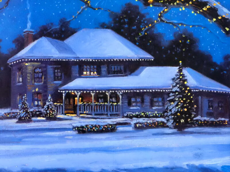 Snow-covered House at Night — Blue, Peaceful, Painting, Christmas Tree