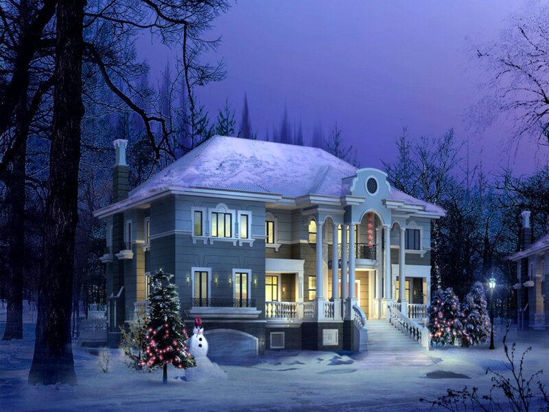 Snow-covered House at Night — Blue, Serene, 3d Render