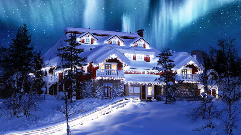 Snow-covered House at Night — Blue, Serene, Digital Art, Aurora Borealis