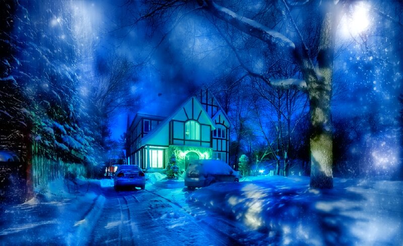 Snow-covered House at Night — Blue, Serene, Digital Art, Car