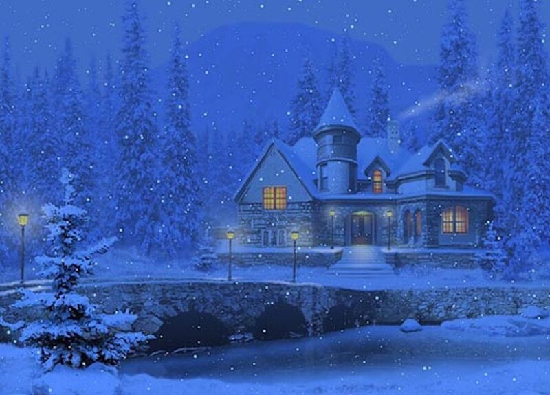 Snow-covered House at Night — Blue, Serene, Digital Art