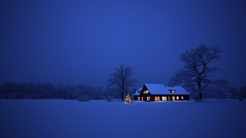Snow-covered House at Night — Blue, Serene, Photograph, Christmas Tree, Trees