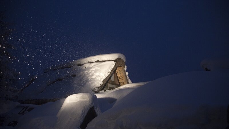 Snow-covered House at Night — Blue, Serene, Photograph, Snow, Night Sky